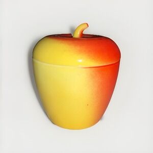Vintage Hazel Atlas Milk Glass Red Yellow Apple Jam Jar Trinket Box Covered Dish